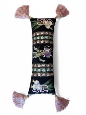 Embroidered Floral Bolster Pillow with Tassels - Botanical Garden Cottagecore